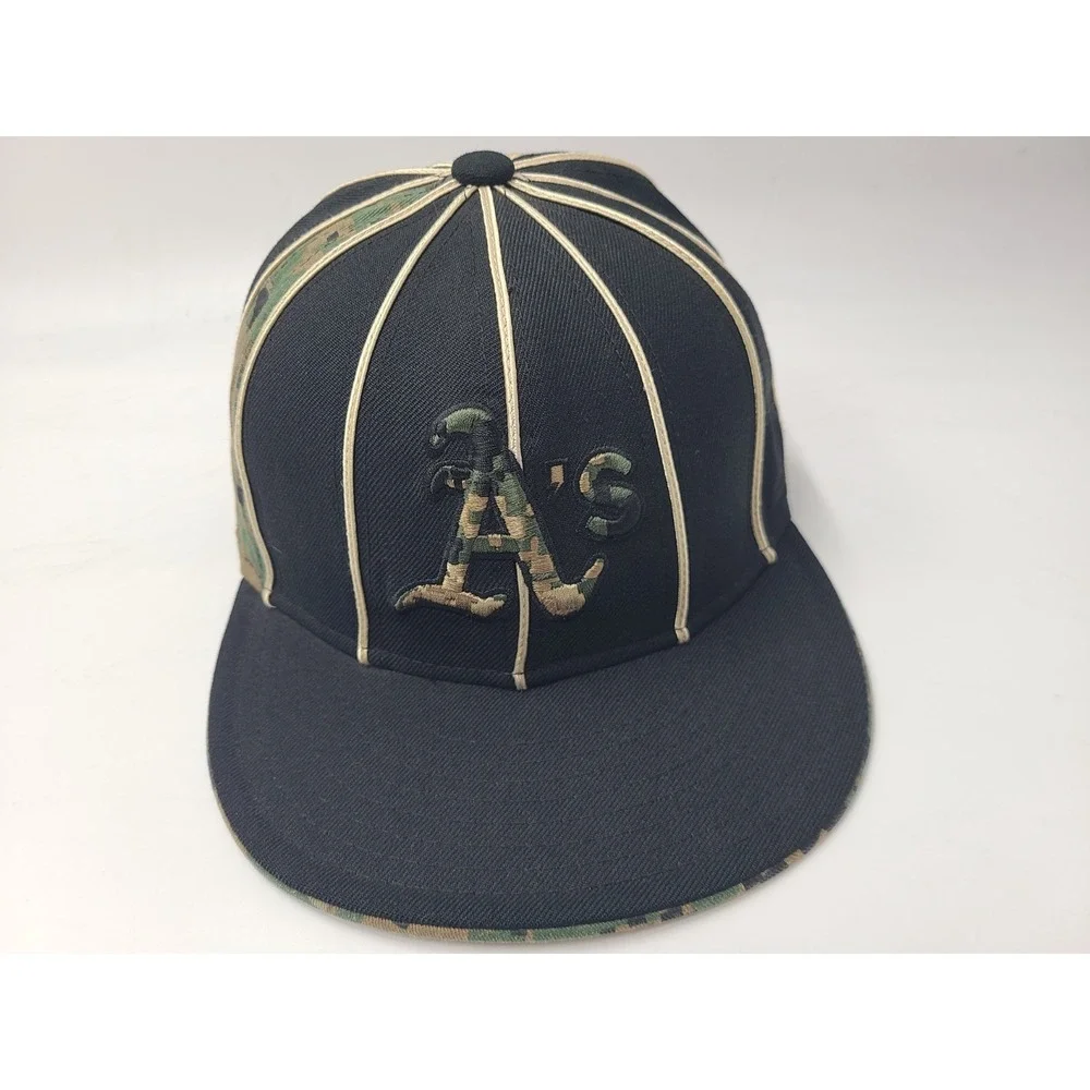 New Era Black Hat with Camo A's Logo and Cream Piping